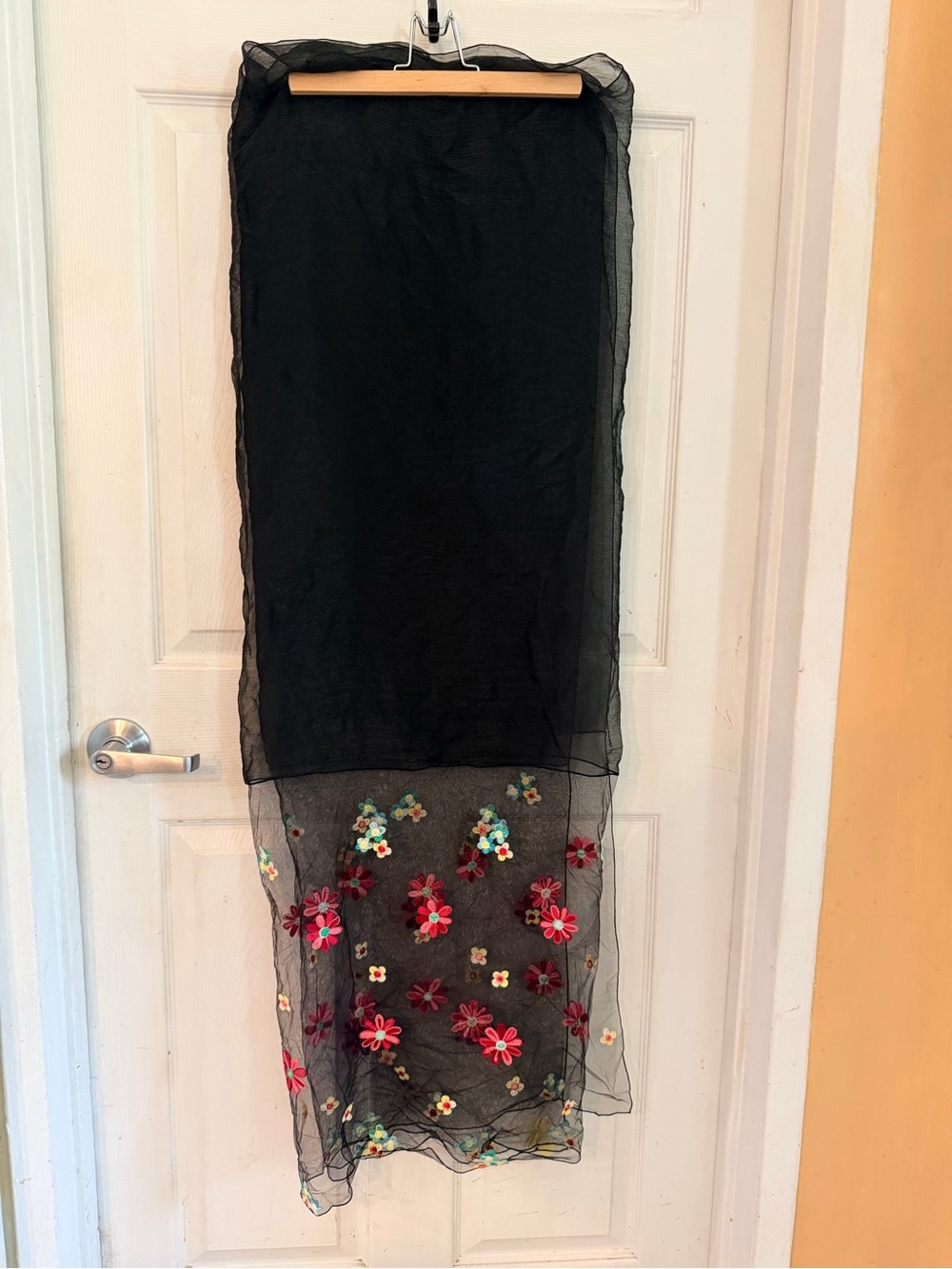 Black Sheer Silk Scarf with Embroidered Floral Accents